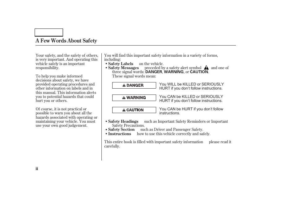 A few words about safety | HONDA 2002 Odyssey - Owner's Manual User Manual | Page 4 / 399