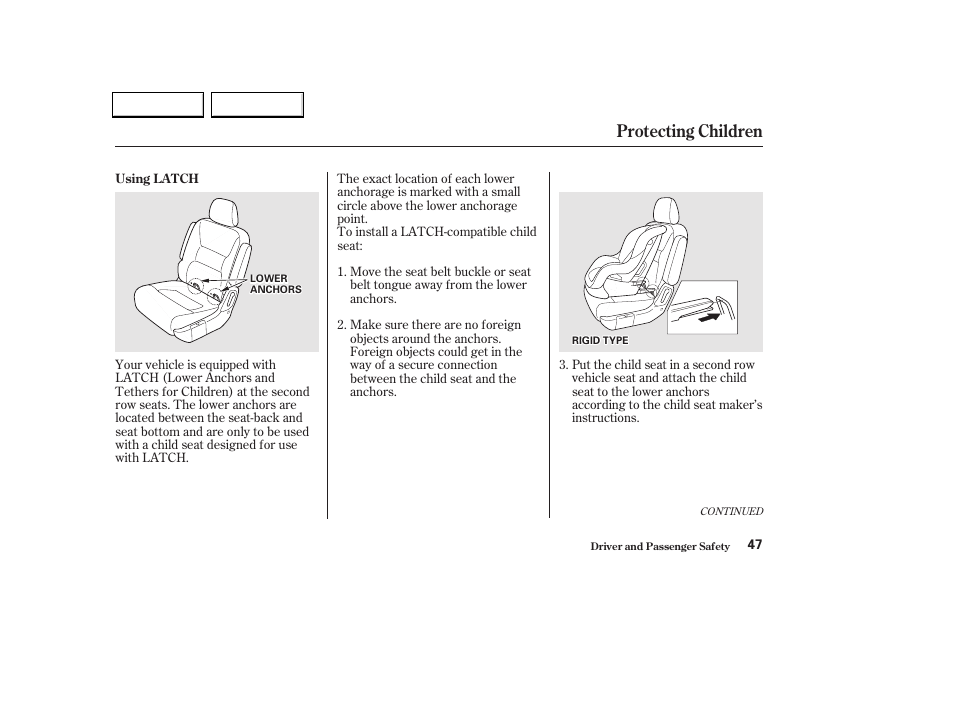 Protecting children | HONDA 2002 Odyssey - Owner's Manual User Manual | Page 50 / 399