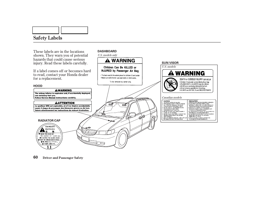 Safety labels | HONDA 2002 Odyssey - Owner's Manual User Manual | Page 63 / 399