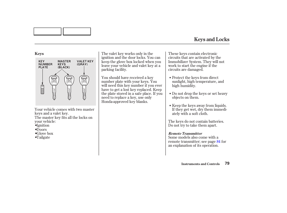 Keys and locks | HONDA 2002 Odyssey - Owner's Manual User Manual | Page 82 / 399