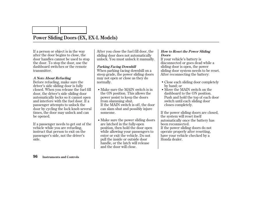 Power sliding doors (ex, ex-l models) | HONDA 2002 Odyssey - Owner's Manual User Manual | Page 99 / 399