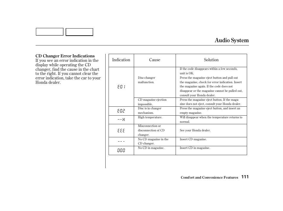 Audio system | HONDA 2002 Insight  - Owner's Manual User Manual | Page 114 / 270