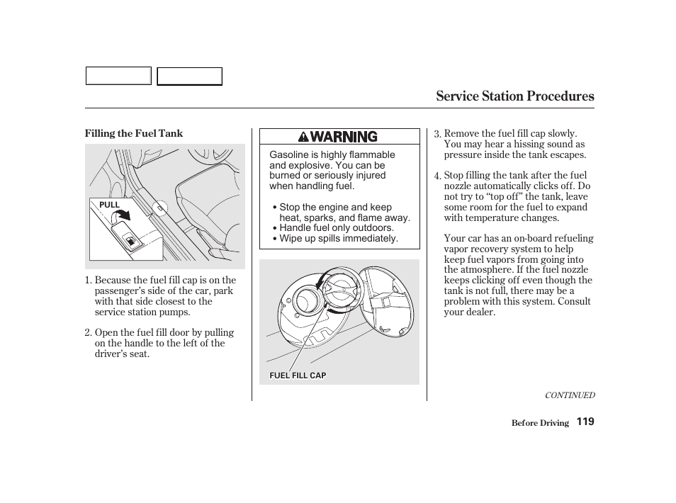 Service station procedures | HONDA 2002 Insight  - Owner's Manual User Manual | Page 122 / 270