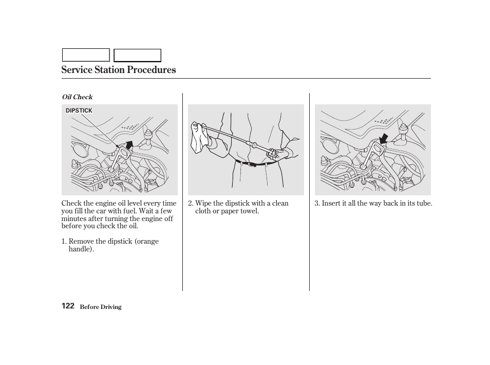 Service station procedures | HONDA 2002 Insight  - Owner's Manual User Manual | Page 125 / 270