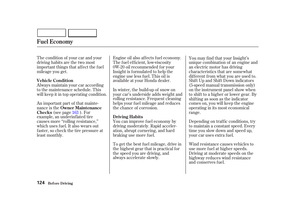 Fuel economy | HONDA 2002 Insight  - Owner's Manual User Manual | Page 127 / 270