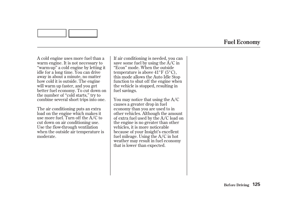 Fuel economy | HONDA 2002 Insight  - Owner's Manual User Manual | Page 128 / 270
