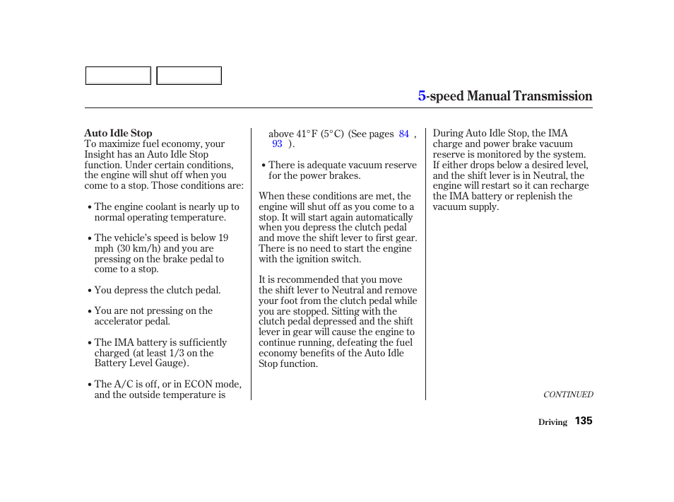 Speed manual transmission | HONDA 2002 Insight  - Owner's Manual User Manual | Page 138 / 270