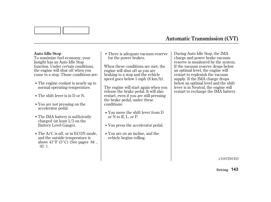 Automatic transmission (cvt) | HONDA 2002 Insight  - Owner's Manual User Manual | Page 146 / 270
