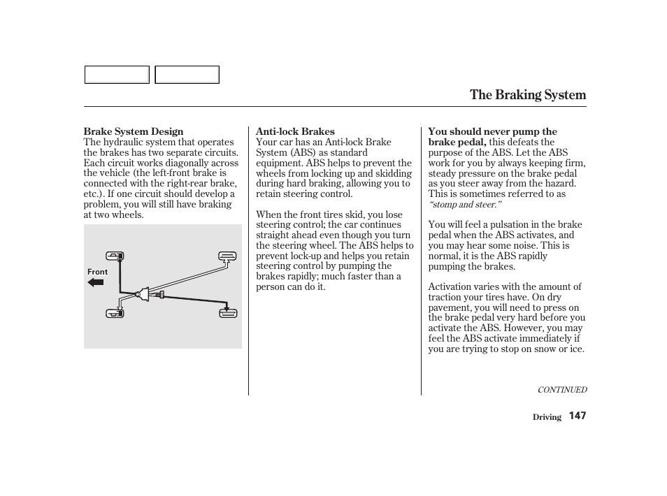 The braking system | HONDA 2002 Insight  - Owner's Manual User Manual | Page 150 / 270
