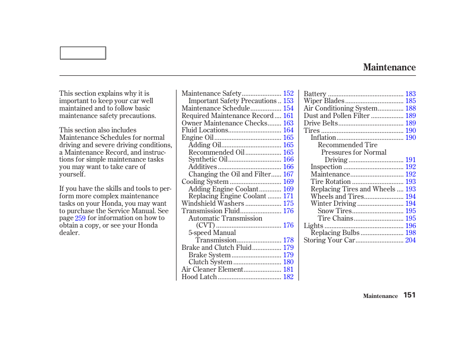 Maintenance | HONDA 2002 Insight  - Owner's Manual User Manual | Page 154 / 270