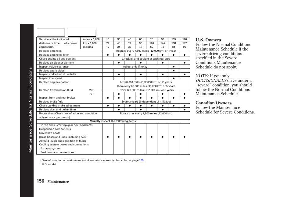 U.s. owners canadian owners, Occasionally | HONDA 2002 Insight  - Owner's Manual User Manual | Page 159 / 270