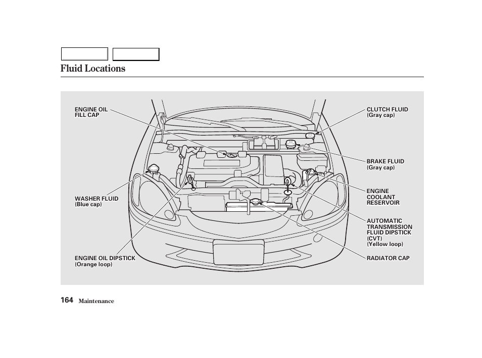 Fluid locations | HONDA 2002 Insight  - Owner's Manual User Manual | Page 167 / 270