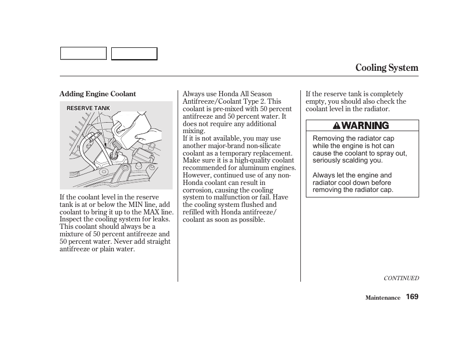 Cooling system | HONDA 2002 Insight  - Owner's Manual User Manual | Page 172 / 270