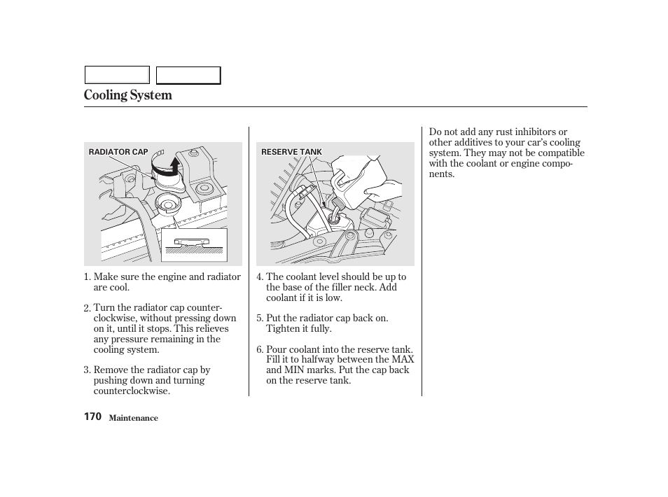 Cooling system | HONDA 2002 Insight  - Owner's Manual User Manual | Page 173 / 270