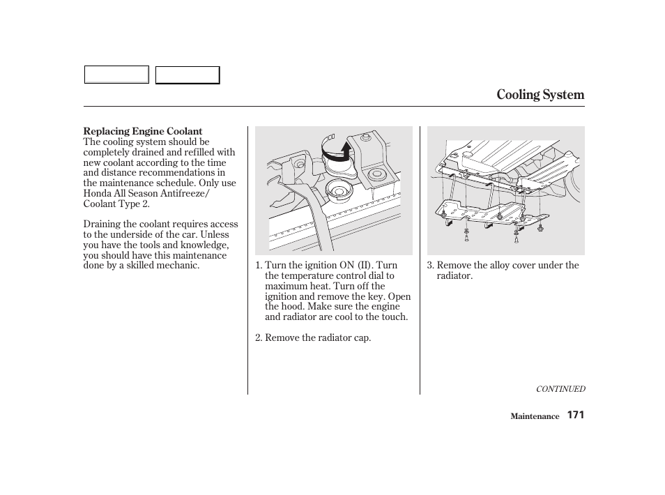 Cooling system | HONDA 2002 Insight  - Owner's Manual User Manual | Page 174 / 270