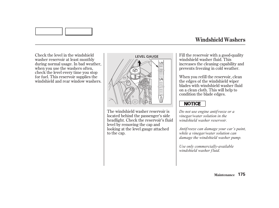Windshield washers | HONDA 2002 Insight  - Owner's Manual User Manual | Page 178 / 270