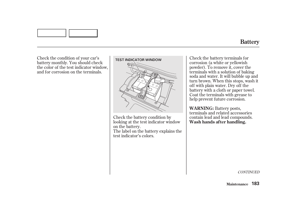 Battery | HONDA 2002 Insight  - Owner's Manual User Manual | Page 186 / 270