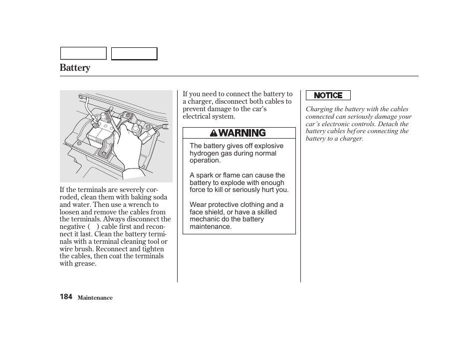 Battery | HONDA 2002 Insight  - Owner's Manual User Manual | Page 187 / 270