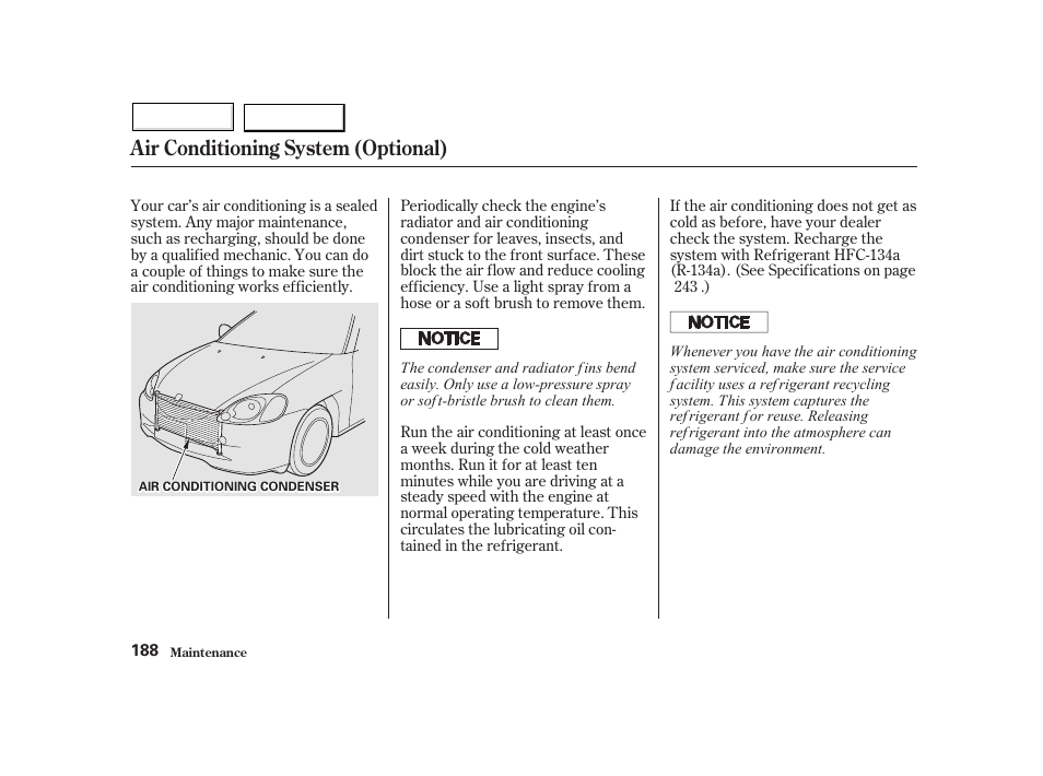 Air conditioning system (optional) | HONDA 2002 Insight  - Owner's Manual User Manual | Page 191 / 270