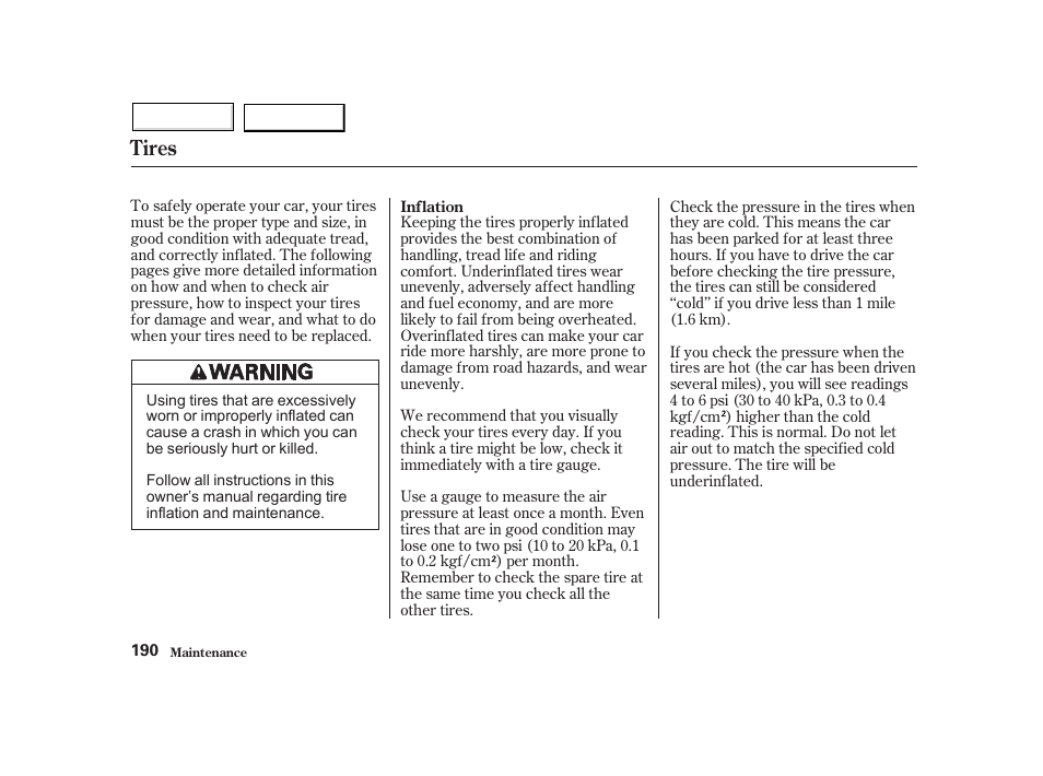 Tires | HONDA 2002 Insight  - Owner's Manual User Manual | Page 193 / 270