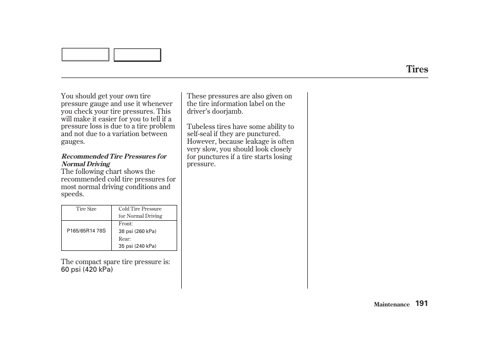 Tires | HONDA 2002 Insight  - Owner's Manual User Manual | Page 194 / 270