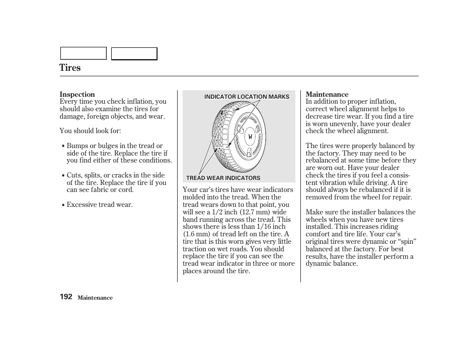 Tires | HONDA 2002 Insight  - Owner's Manual User Manual | Page 195 / 270