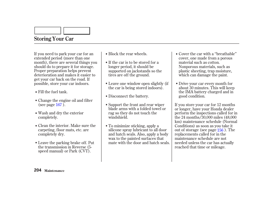 Storing your car | HONDA 2002 Insight  - Owner's Manual User Manual | Page 207 / 270