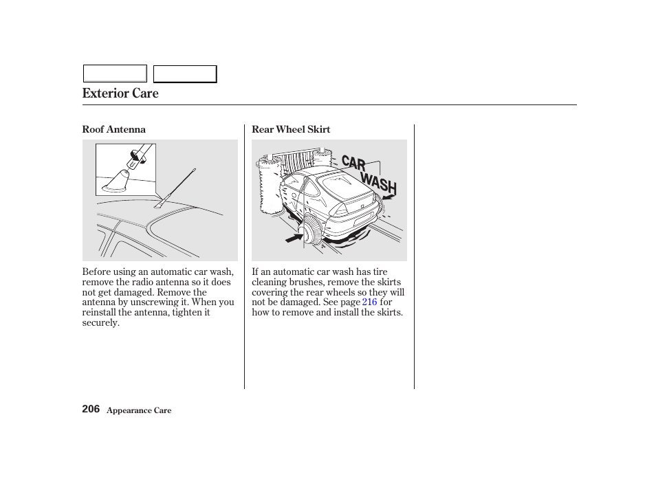 Exterior care | HONDA 2002 Insight  - Owner's Manual User Manual | Page 209 / 270