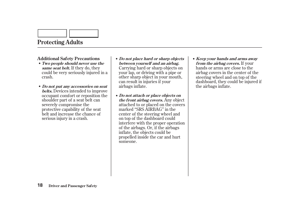 Protecting adults | HONDA 2002 Insight  - Owner's Manual User Manual | Page 21 / 270