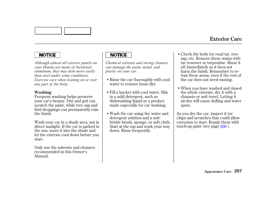 Exterior care | HONDA 2002 Insight  - Owner's Manual User Manual | Page 210 / 270