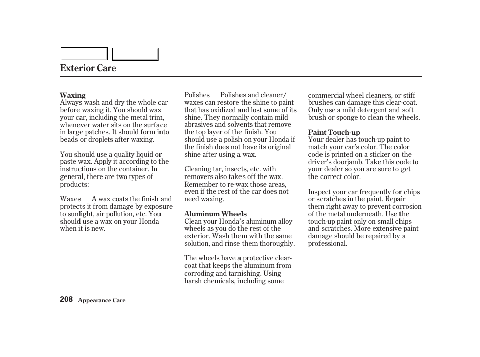 Exterior care | HONDA 2002 Insight  - Owner's Manual User Manual | Page 211 / 270