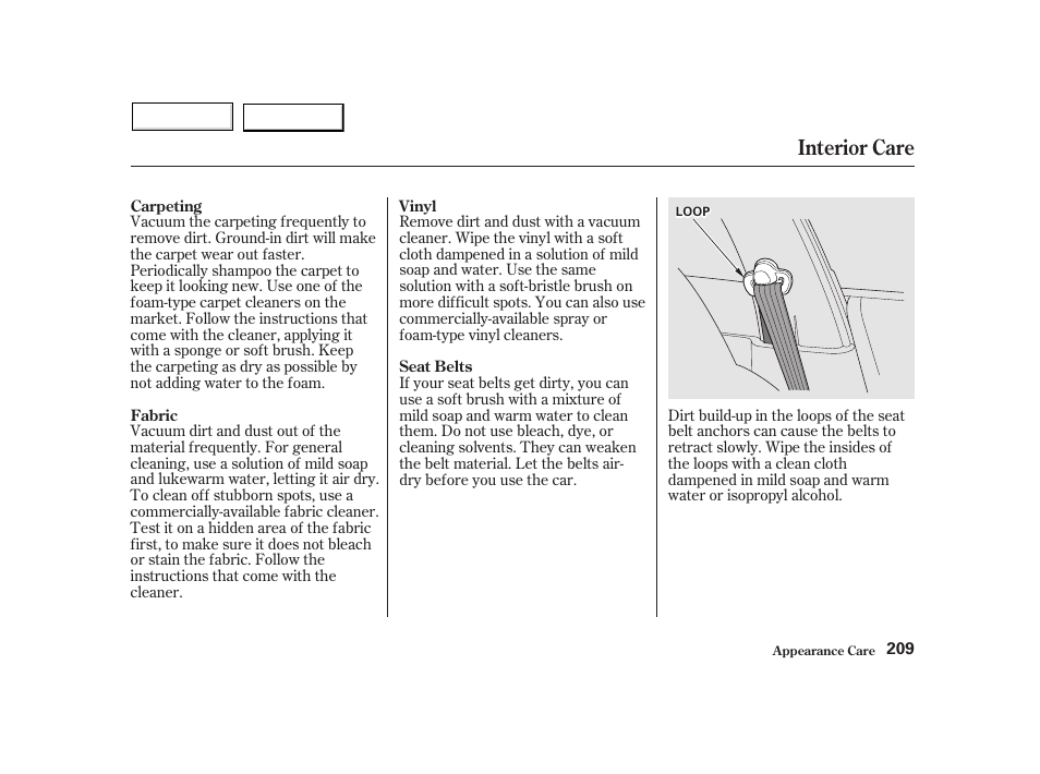 Interior care | HONDA 2002 Insight  - Owner's Manual User Manual | Page 212 / 270