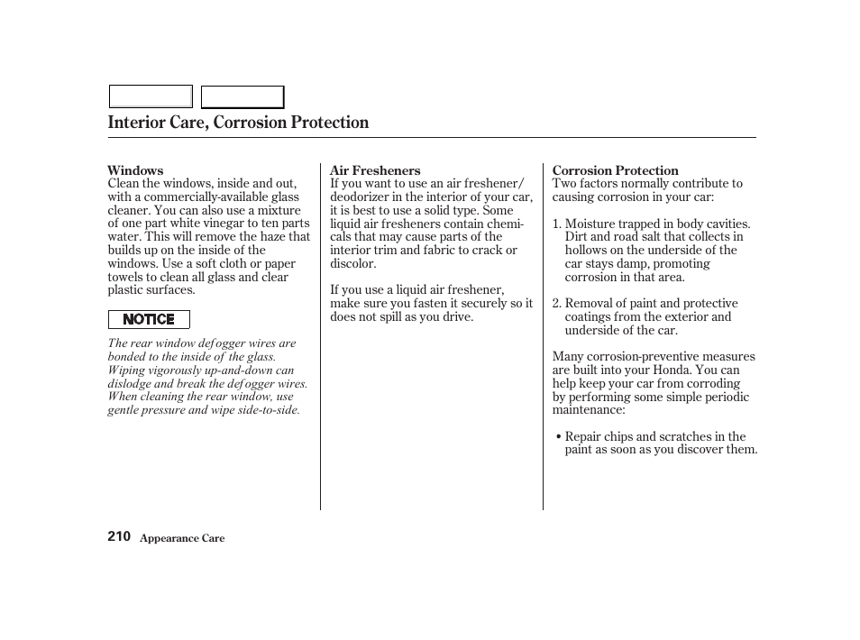 Interior care, corrosion protection | HONDA 2002 Insight  - Owner's Manual User Manual | Page 213 / 270