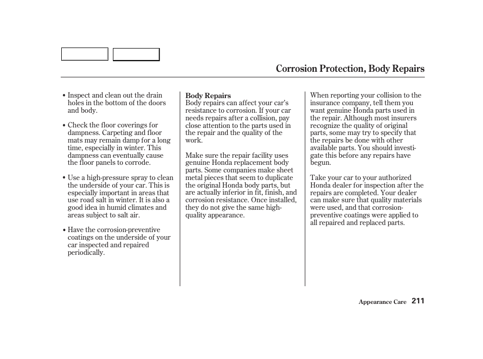 Corrosion protection, body repairs | HONDA 2002 Insight  - Owner's Manual User Manual | Page 214 / 270