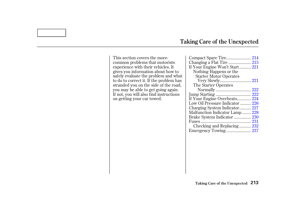 Taking care of the unexpected | HONDA 2002 Insight  - Owner's Manual User Manual | Page 216 / 270