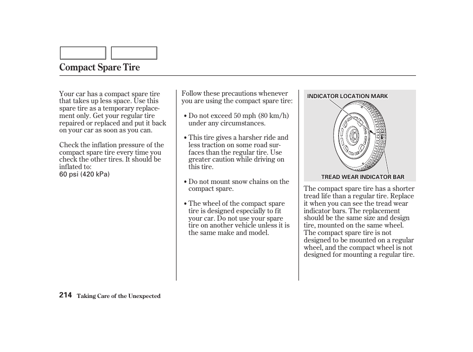 Compact spare tire | HONDA 2002 Insight  - Owner's Manual User Manual | Page 217 / 270