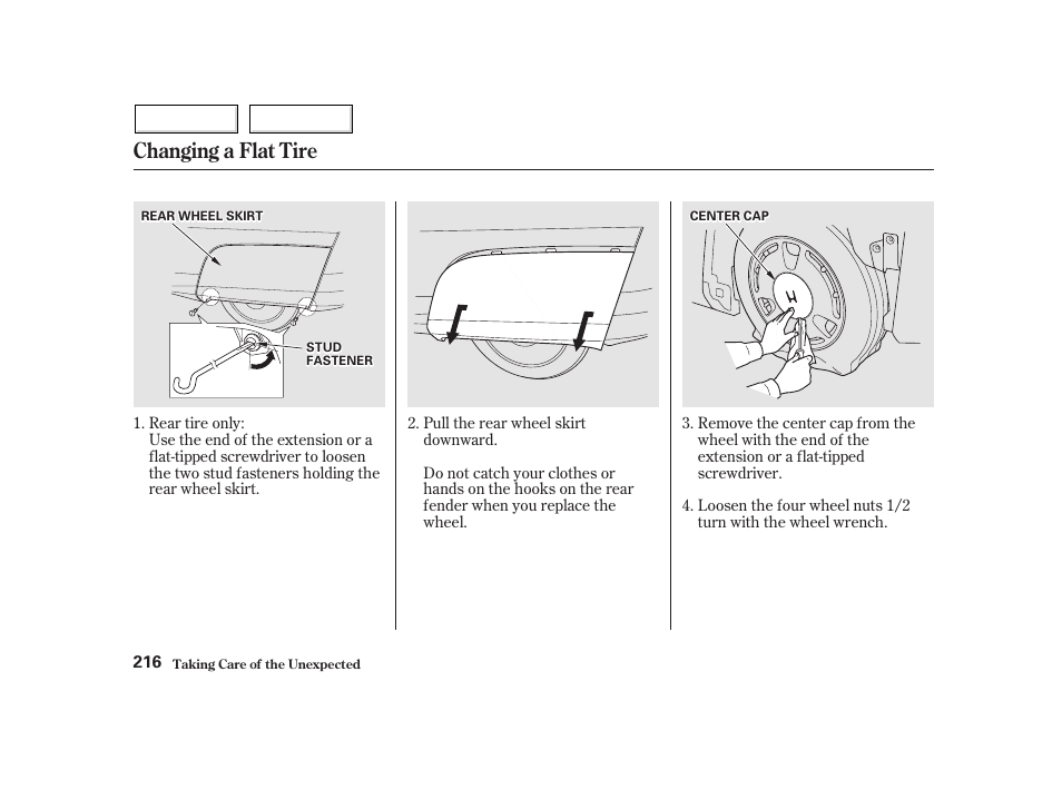 Changing a flat tire | HONDA 2002 Insight  - Owner's Manual User Manual | Page 219 / 270