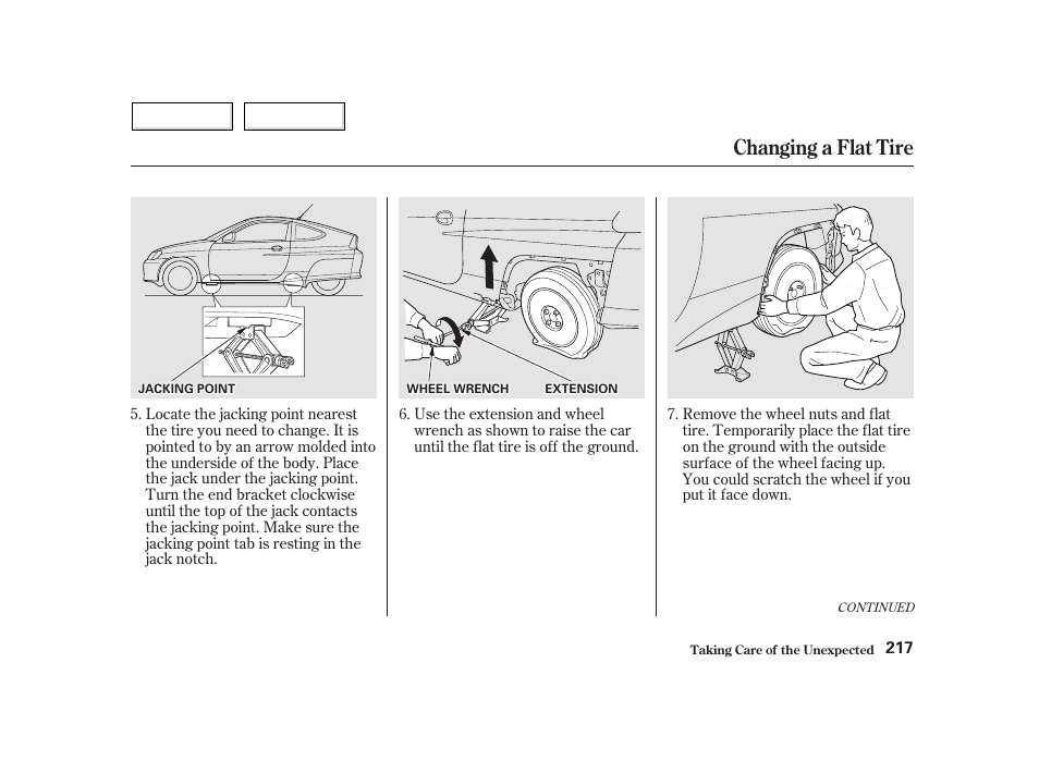 Changing a flat tire | HONDA 2002 Insight  - Owner's Manual User Manual | Page 220 / 270