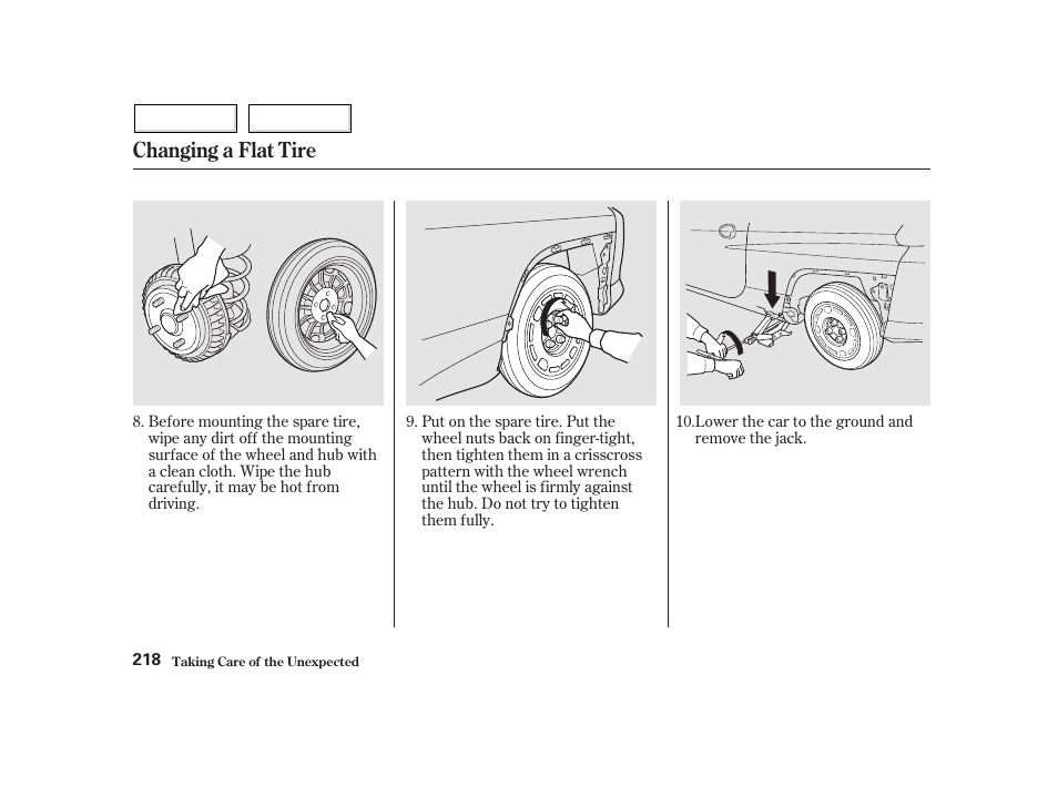 Changing a flat tire | HONDA 2002 Insight  - Owner's Manual User Manual | Page 221 / 270