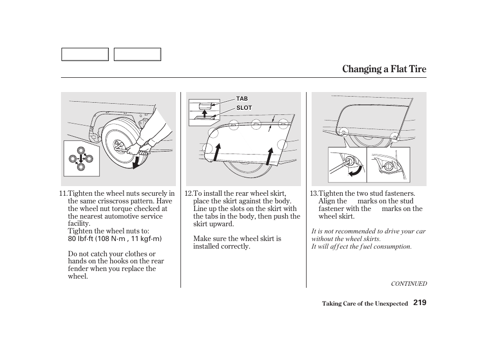Changing a flat tire | HONDA 2002 Insight  - Owner's Manual User Manual | Page 222 / 270