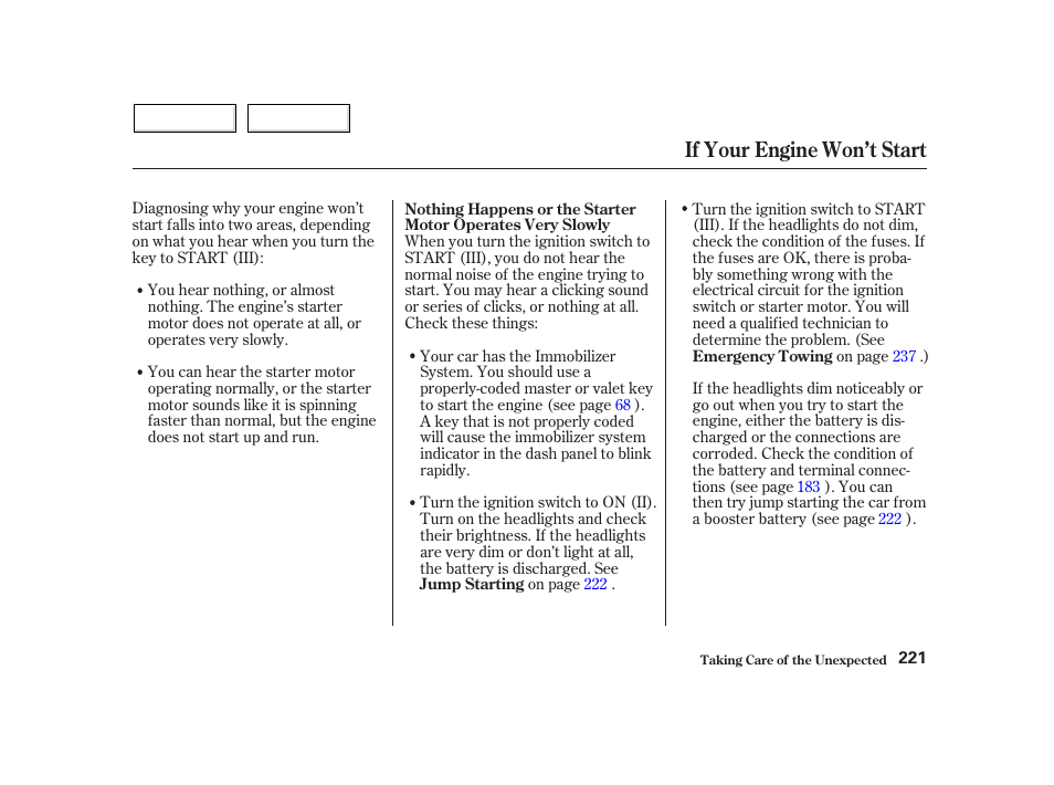 If your engine won’t start | HONDA 2002 Insight  - Owner's Manual User Manual | Page 224 / 270