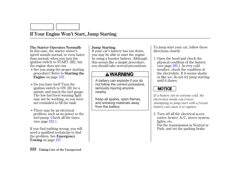 If your engine won’t start, jump starting | HONDA 2002 Insight  - Owner's Manual User Manual | Page 225 / 270