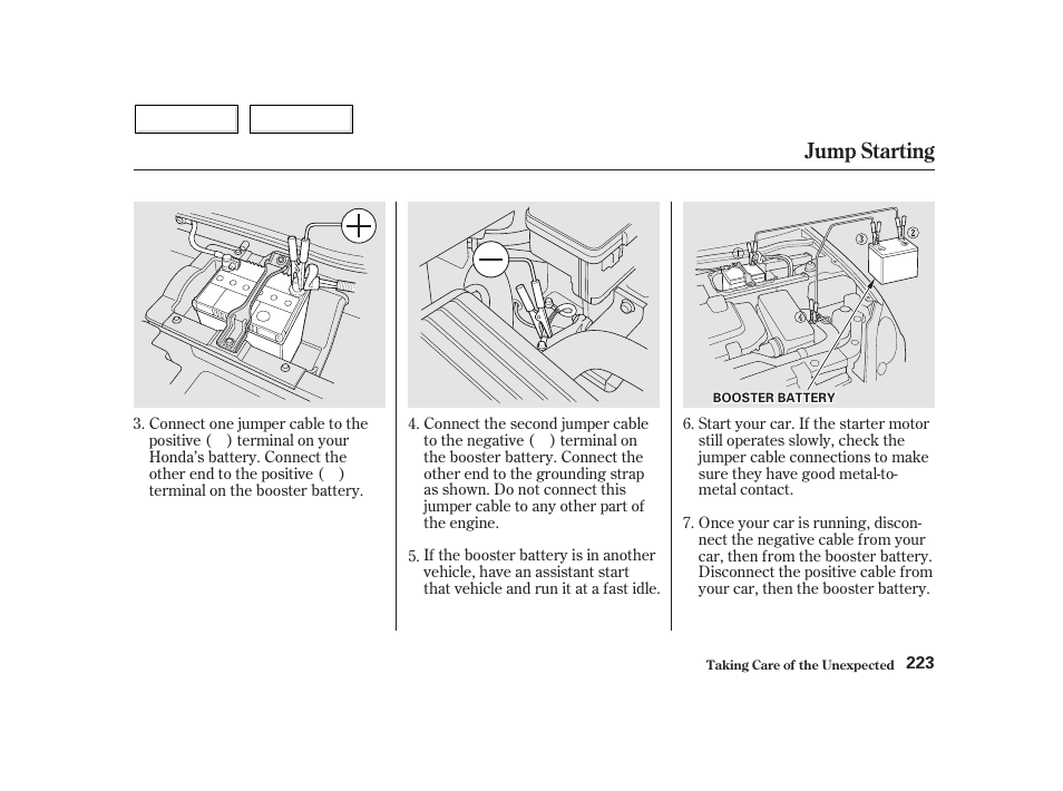 Jump starting | HONDA 2002 Insight  - Owner's Manual User Manual | Page 226 / 270