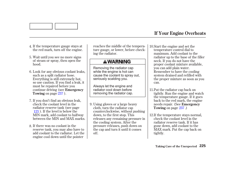 If your engine overheats | HONDA 2002 Insight  - Owner's Manual User Manual | Page 228 / 270