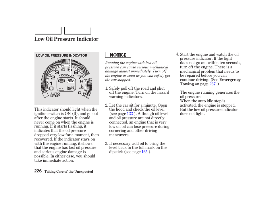 Low oil pressure indicator | HONDA 2002 Insight  - Owner's Manual User Manual | Page 229 / 270
