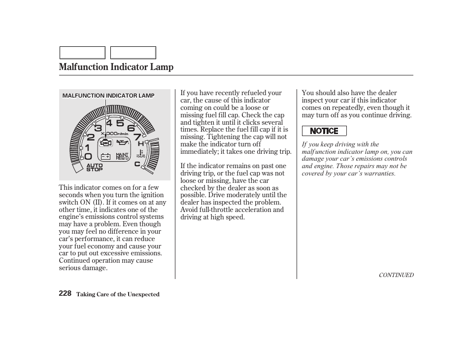 Malfunction indicator lamp | HONDA 2002 Insight  - Owner's Manual User Manual | Page 231 / 270