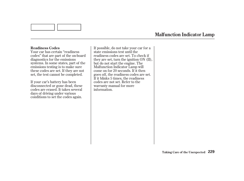 Malfunction indicator lamp | HONDA 2002 Insight  - Owner's Manual User Manual | Page 232 / 270