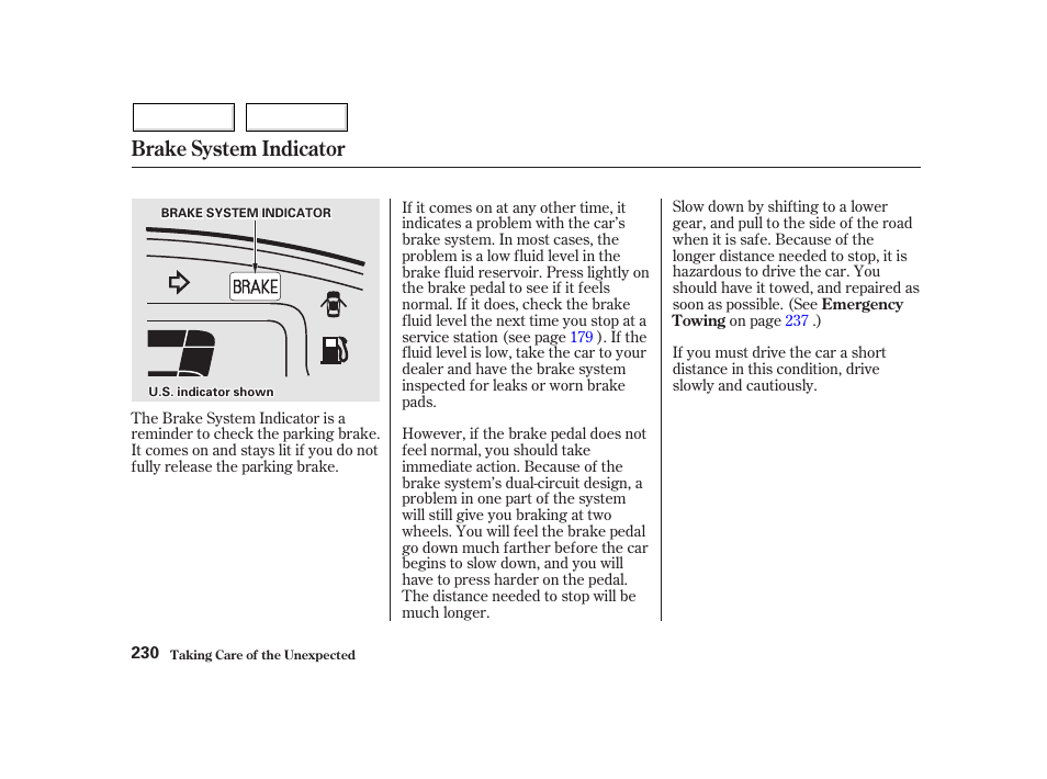 Brake system indicator | HONDA 2002 Insight  - Owner's Manual User Manual | Page 233 / 270