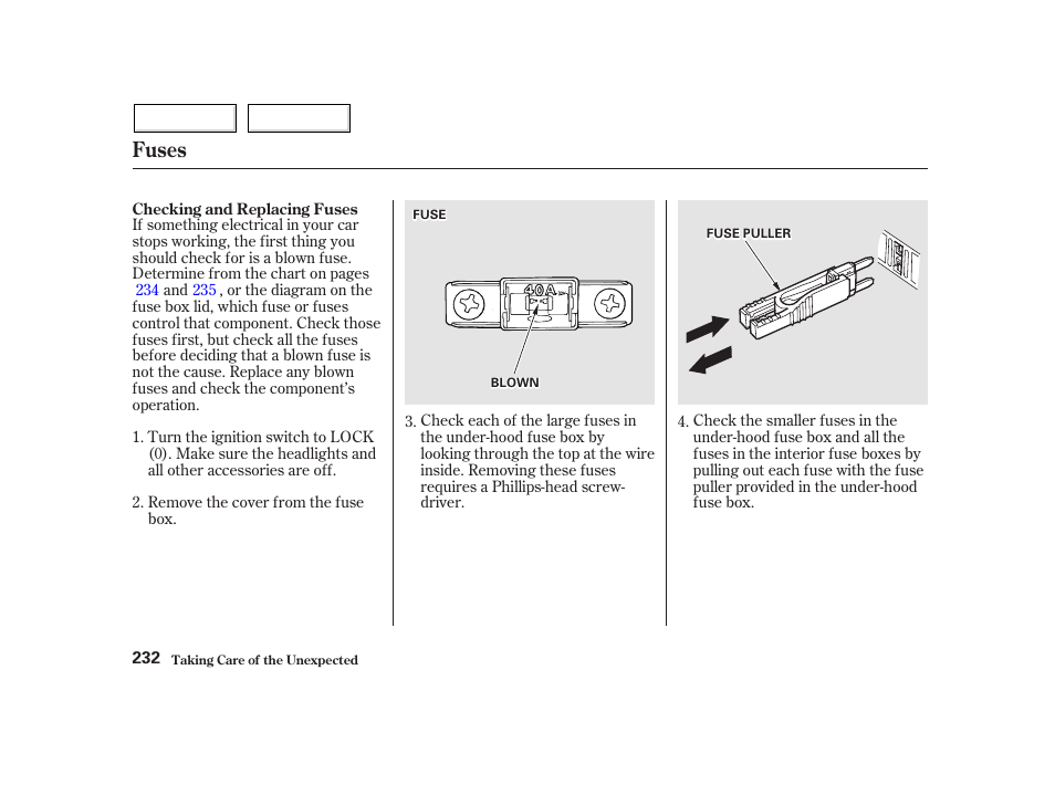 Fuses | HONDA 2002 Insight  - Owner's Manual User Manual | Page 235 / 270