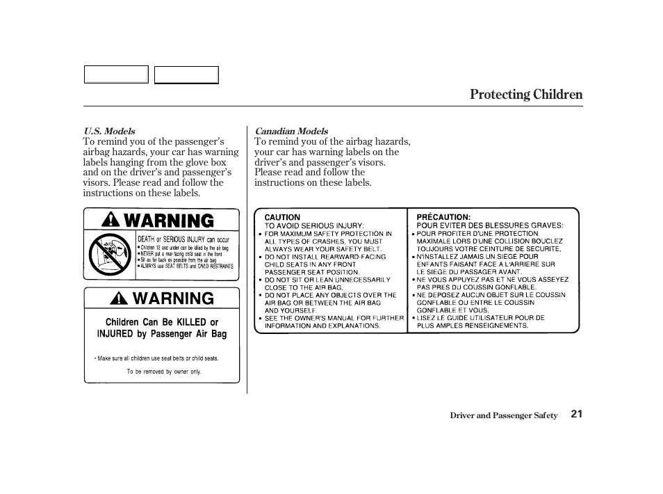 Protecting children | HONDA 2002 Insight  - Owner's Manual User Manual | Page 24 / 270